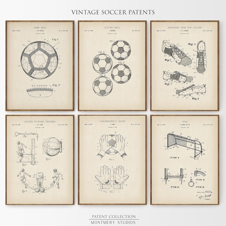 A set of 15 vintage-style soccer patent prints featuring classic soccer ball designs, footwear innovations, and training gear. Ideal wall art for kids' rooms, sports nurseries, man caves, or as a thoughtful gift for young players and coaches. This unique soccer collection blends nostalgic charm with sports history, making it a perfect decor choice for fans of all ages