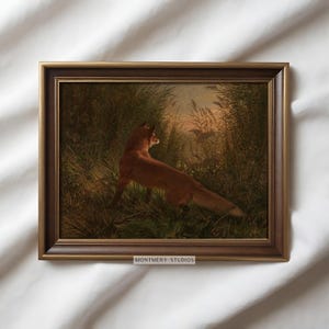 May include: A framed painting of a red fox in a forest setting. The fox is looking to the right, with its tail curled behind it. The background is a lush green forest with tall grasses and trees.