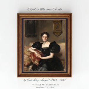 Puede incluir: Un retrato vintage enmarcado de Elizabeth Winthrop Chanler por John Singer Sargent. La obra presenta a una mujer con un vestido negro con mangas abullonadas, sentada en un sofá. El marco es marrón con un borde interior azul. El texto "VINTAGE ART COLLECTION" y "MONTMERY STUDIOS" está en la parte inferior.