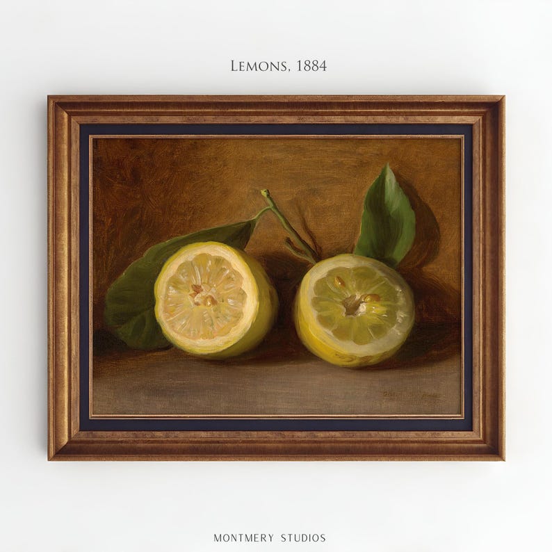 Lemons still life art print, vintage citrus painting, rustic kitchen fruit decor, classic still life artwork, country farmhouse wall art, yellow lemon print for dining room, traditional fruit painting, kitchen citrus wall decor, antique-style still life, elegant lemon artwork for home, timeless fruit illustration, rustic country kitchen print, cozy farmhouse lemon decor, still life citrus composition, vintage-inspired fruit wall art, classic kitchen painting with lemons.