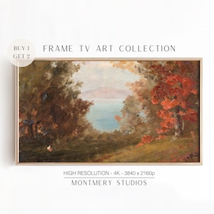 Peut inclure: Une peinture encadrée représentant une scène de paysage avec des arbres, un lac et un ciel nuageux. La peinture est dans un cadre doré et a un aspect rustique et vintage.