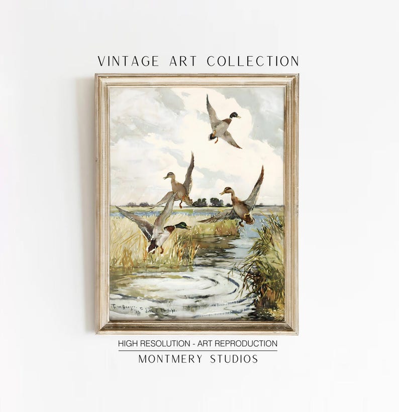Set of 2 vintage duck prints, mallard and redhead ducks in a classic painting style, rustic farmhouse wall decor, wildlife artwork, nature prints, antique duck art, prints for vintage gallery walls, country home style, gift for wildlife nature lovers