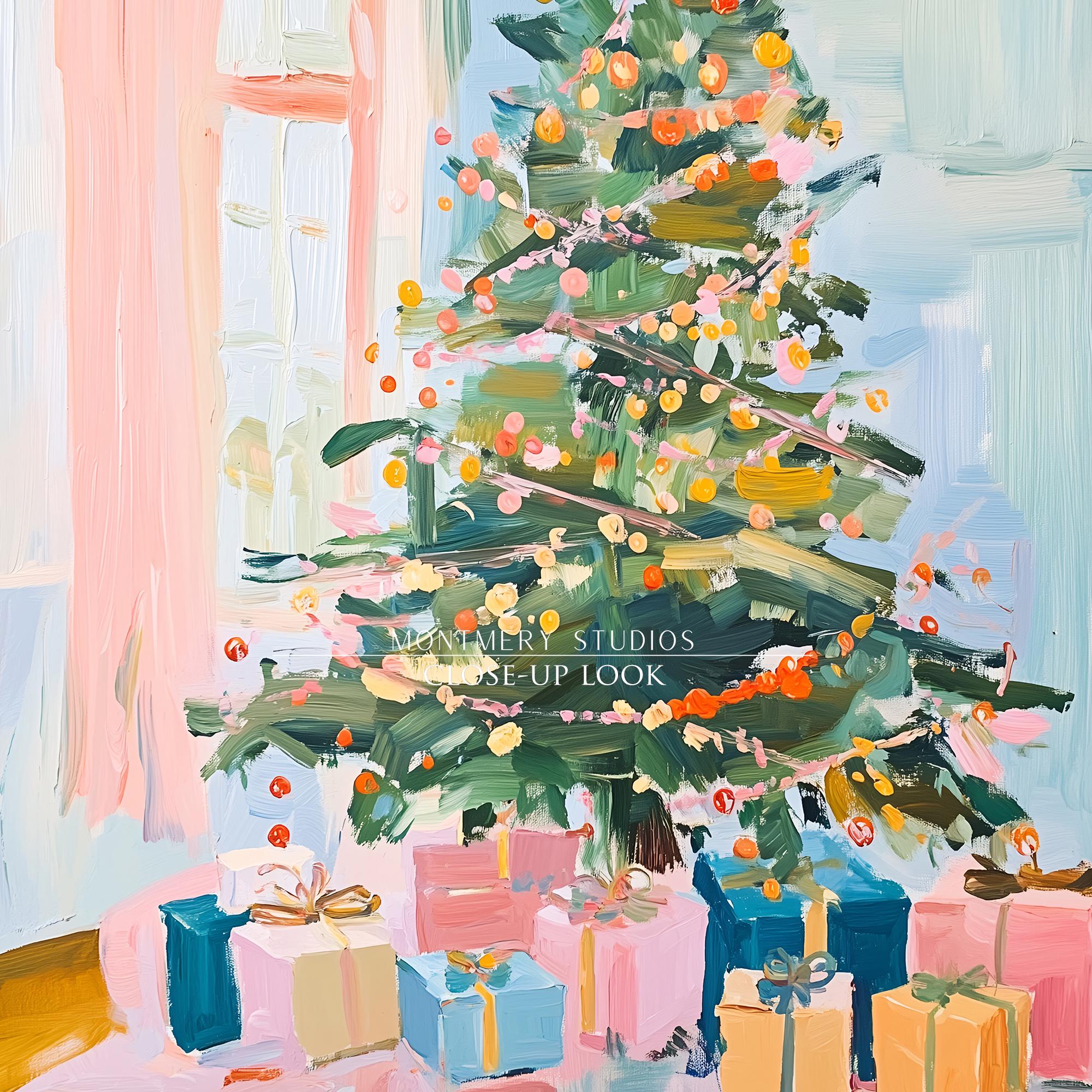 碧いクリスマス　絵画アート原画　パステル画 パステルカラーのクリスマスツリープリント、ピンクのホリデーウォール