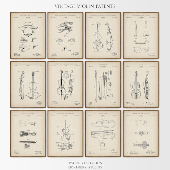 12 Violin Patent Prints, Vintage Violin Wall Art, Violinist Gift, Classical Music Decor, Music Teacher Gift, Music Room or Studio Art, PS27