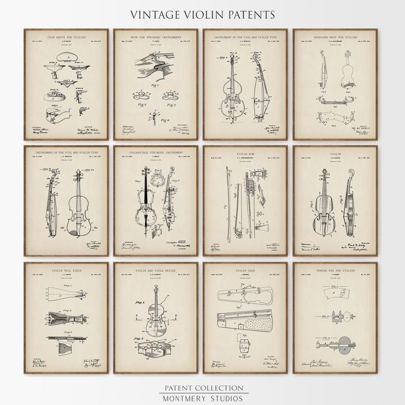 Set of 12 vintage violin patent prints featuring detailed illustrations of iconic violin parts, including violin bow, chin rest, tuning pegs, violin case, shoulder rest, bridge, tailpiece, mute, and full violin design. Ideal wall decor for music teachers, violinists, classical music lovers, and music room, studio, or orchestra spaces. A unique gift for musicians and string instrument enthusiasts.