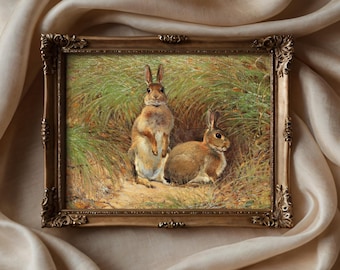 Arte de pared vintage de conejo, decoración de conejo estilo cottagecore para habitación infantil, estampado de conejo primaveral, conejitos adorables, decoración de Pascua, arte de bosque para habitación infantil, AN89
