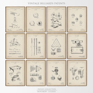 Biljardpatenttryck set med 12, spelrumsdekor, man cave-konst, biljardbordsrumsidéer, biljardrumsväggkonst, biljardklubba och -bollkonst, PS30