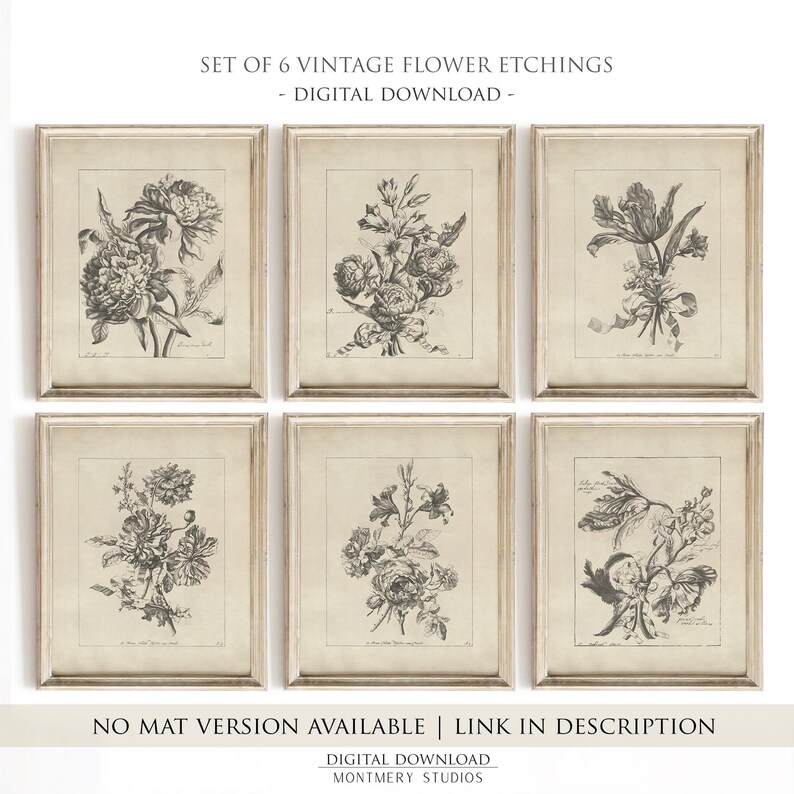 Set of six vintage flower sketches in sage green and dark green tones, featuring botanical illustrations with antique etching style. Elegant floral drawings and green botanical prints perfect for living room, bedroom, nursery, or entryway decor. This vintage floral wall art set brings timeless charm and natural beauty to any space, adding subtle color and classic design to farmhouse, cottage, or modern interiors.