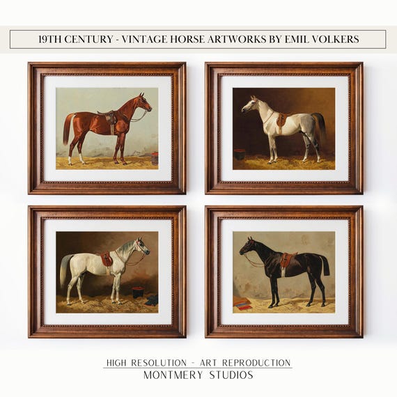 Vintage Horse Art Prints by Emil Volkers, 19th-Century Artwork Set of 4, Printable Wall Art, Digital Animal Prints, S01