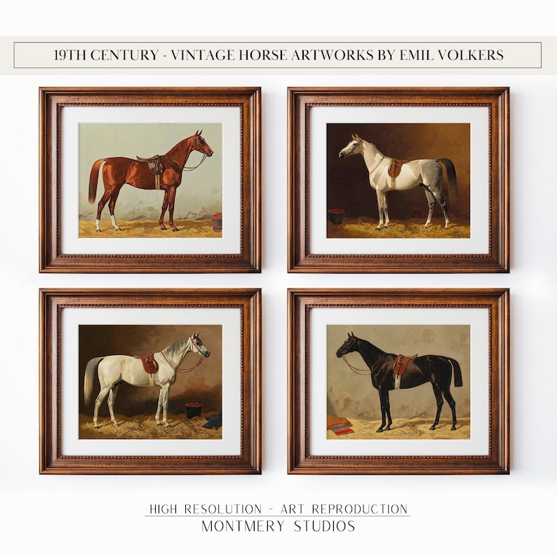 Vintage horse illustrations, 19th-century inspired prints, equestrian digital art, rustic farmhouse decor, western horse artwork, Emil Volkers inspired designs, antique-style wall art, classic animal art set, cowboy and country decor