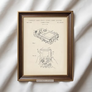 Set of 12 vintage video game blueprint prints featuring game controllers, handheld consoles, cartridges, and TV gaming systems. Ideal for gamer wall art, man cave gaming setups, retro gaming prints, and Father's Day gamer gifts. Blueprint-style decor perfect for classic game room decoration and nostalgic tech lovers.