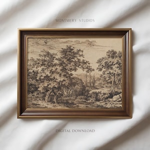 Brown Landscape Art, Dark Moody Landscape Wall Art Printable, Landscape Drawing, Vintage Etching, Cottage Autumn Wall Art, Digital Art, A15