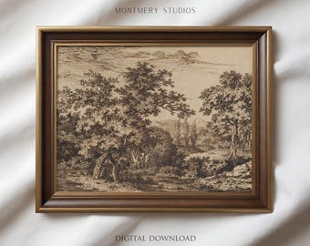Könnte beinhalten: Ein gerahmter Sepia-Landschaftsdruck mit einer detaillierten Illustration von Bäumen, einem Fluss und Hügeln. Das Kunstwerk befindet sich in einem braunen Holzrahmen. Der Text "MONTEMERY STUDIOS" und "DIGITAL DOWNLOAD" sind sichtbar.