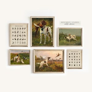 May include: A collection of framed vintage-style prints featuring hunting dogs and wildlife. The prints include images of dogs, birds, and animal tracks. The color palette includes greens, browns, and creams, with a rustic aesthetic.