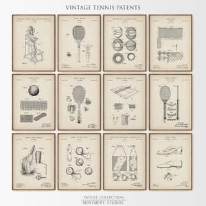 May include: A collection of vintage tennis patents displayed in wooden frames. The prints feature detailed technical drawings of tennis equipment, including rackets, balls, nets, and court layouts. The text "VINTAGE TENNIS PATENTS" is at the top.