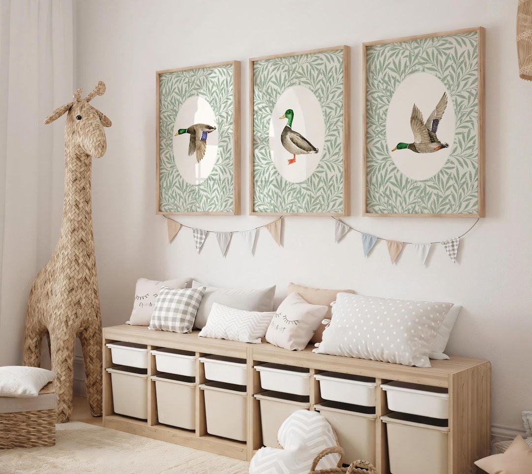 Mallard Duck Nursery Wall Art Set of 3, Flying Duck Prints, Sage Green ...
