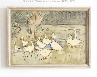 Arte vintage per cameretta dei bambini con anatre, disegno di un'anatra carina, stampa da parete per cameretta dei bambini e delle bambine, decorazione per cameretta dei bambini con animali da fattoria, stampa di un'oca, AN53