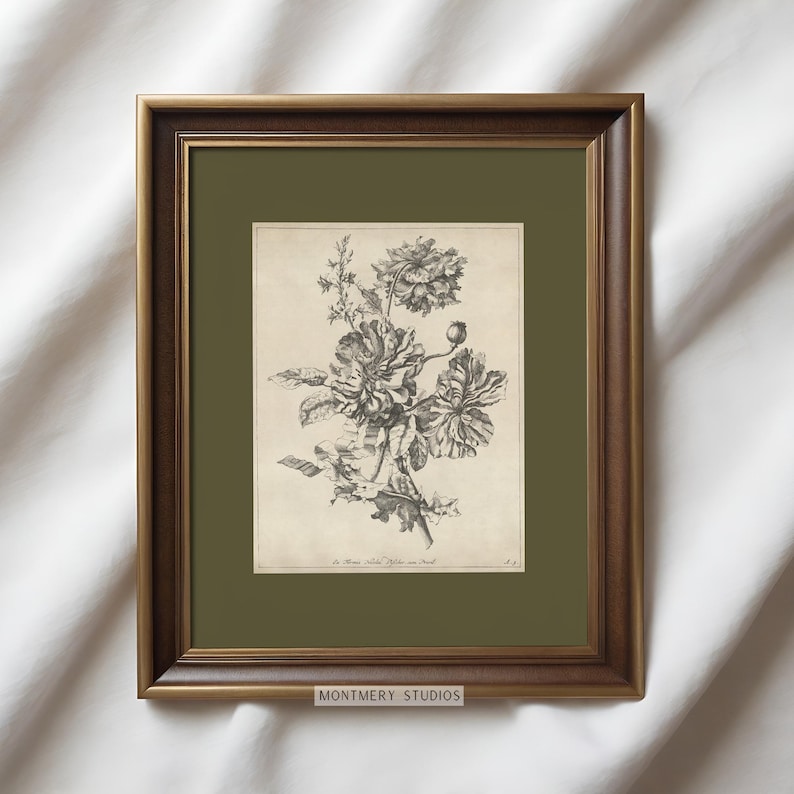Set of six vintage flower sketches in sage green and dark green tones, featuring botanical illustrations with antique etching style. Elegant floral drawings and green botanical prints perfect for living room, bedroom, nursery, or entryway decor. This vintage floral wall art set brings timeless charm and natural beauty to any space, adding subtle color and classic design to farmhouse, cottage, or modern interiors.