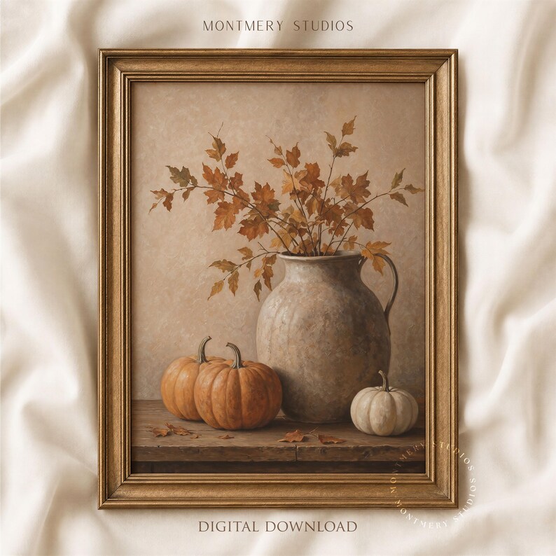 Muted pumpkin still life printable wall art, featuring orange pumpkins, a white pumpkin, rustic ceramic vase, and dried autumn leaves on a wooden table. Warm neutral fall painting for farmhouse decor, Thanksgiving wall art, fall kitchen print, mantel styling, rustic autumn decor, and cozy seasonal home decor.