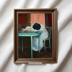 Tired Woman Print, Moody Vintage Artwork, Woman Portrait, Figurative Painting, Thoughtful Woman Resting at Desk, Digital Download, P1