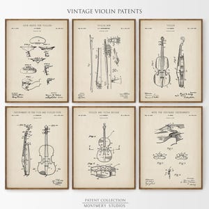 Set of 12 vintage violin patent prints featuring detailed illustrations of iconic violin parts, including violin bow, chin rest, tuning pegs, violin case, shoulder rest, bridge, tailpiece, mute, and full violin design. Ideal wall decor for music teachers, violinists, classical music lovers, and music room, studio, or orchestra spaces. A unique gift for musicians and string instrument enthusiasts.
