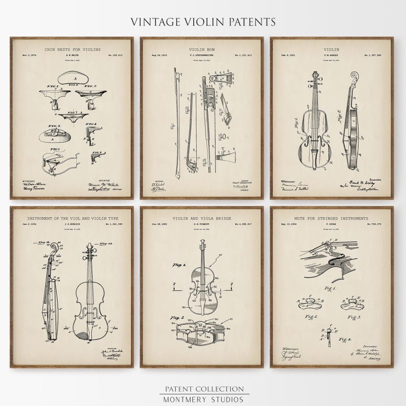 Set of 12 vintage violin patent prints featuring detailed illustrations of iconic violin parts, including violin bow, chin rest, tuning pegs, violin case, shoulder rest, bridge, tailpiece, mute, and full violin design. Ideal wall decor for music teachers, violinists, classical music lovers, and music room, studio, or orchestra spaces. A unique gift for musicians and string instrument enthusiasts.