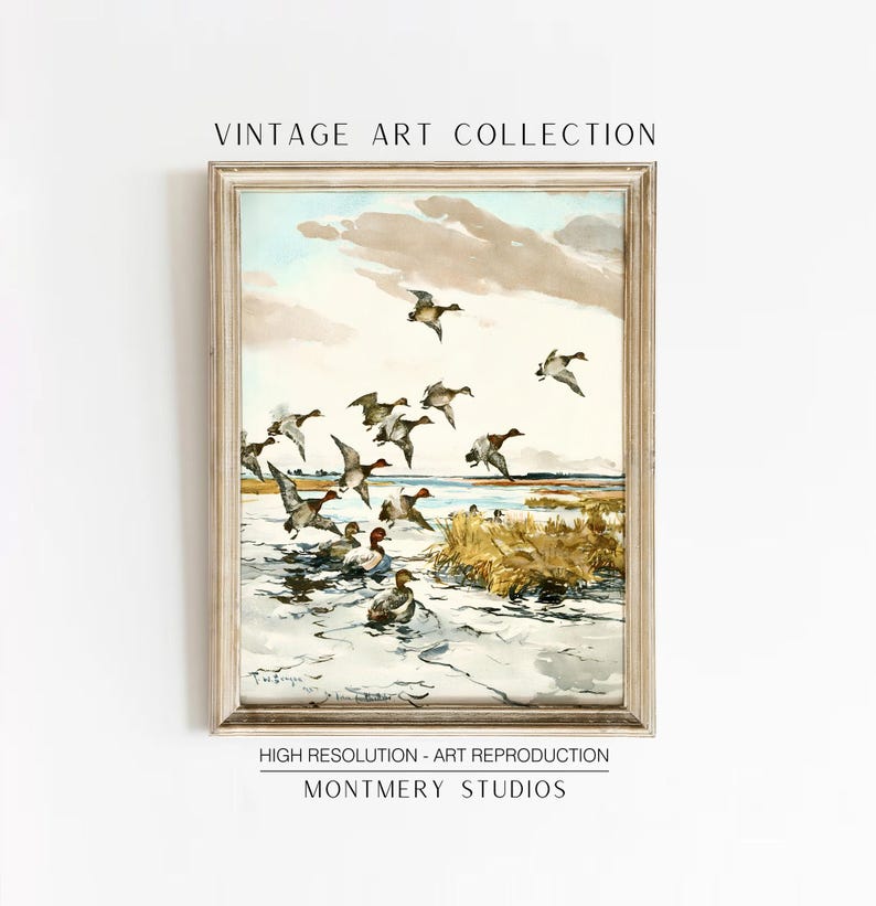 Set of 2 vintage duck prints, mallard and redhead ducks in a classic painting style, rustic farmhouse wall decor, wildlife artwork, nature prints, antique duck art, prints for vintage gallery walls, country home style, gift for wildlife nature lovers