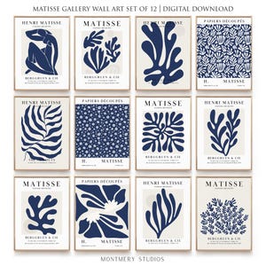 May include: A collection of 12 framed art prints with navy blue abstract designs on a cream backdrop. The prints display diverse shapes and patterns, with the text "MATISSE" and "HENRI MATISSE". The set is a digital download.