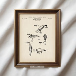 Set of 6 Bass Fishing patent prints, featuring Largemouth, Smallmouth, and Striped Bass. Includes vintage fishing lure, fishing reel, and tackle box designs. Ideal for fishing enthusiasts, anglers, and man cave decor. Perfect for lake house walls or as a unique fishing gift. Detailed, vintage illustrations capture the essence of freshwater fishing and North American game fish. High-quality fishing art prints, perfect for home or office decor.