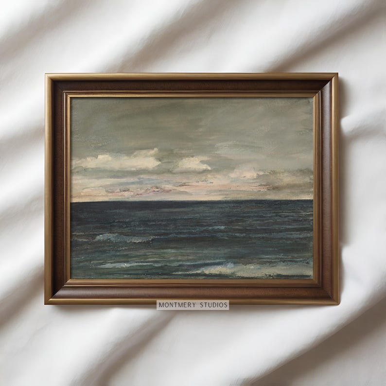 Vintage coastal art, muted ocean print, moody seascape painting for nursery. Antique seascape with navy blue hues and peaceful ocean view. Ideal for beach house decor or coastal nursery. Navy blue wall art with a serene maritime vibe, perfect for creating a calm and nautical atmosphere. Elegant, timeless artwork to complement any coastal or beach-themed interior.