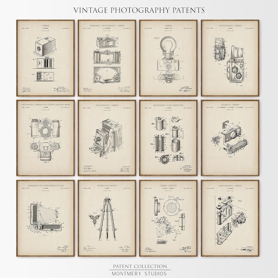 Vintage Photography Patent Prints, Polaroid Camera, Tripod, Flash, Lens Wall Art Set, Gift for Photographer, Studio or Office Decor, PS40