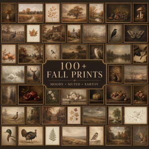 May include: A digital collage of over 100 fall-themed art prints featuring moody, muted, and earthy tones. The collection includes illustrations of landscapes, wildlife, pumpkins, flowers, and botanical elements, all framed in a grid layout.