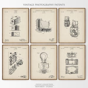 Set of 12 vintage photography patent prints featuring classic camera designs, Polaroid patent art, tripod, flash, lens, and film cartridge illustrations. Perfect wall art for photographers, photography studios, camera collectors, or office decor. Ideal gift for photography lovers, film enthusiasts, or vintage blueprint print collectors. Great for gallery walls, creative spaces, and retro home decor themes.