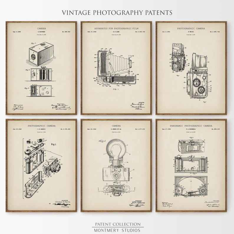 Set of 12 vintage photography patent prints featuring classic camera designs, Polaroid patent art, tripod, flash, lens, and film cartridge illustrations. Perfect wall art for photographers, photography studios, camera collectors, or office decor. Ideal gift for photography lovers, film enthusiasts, or vintage blueprint print collectors. Great for gallery walls, creative spaces, and retro home decor themes.