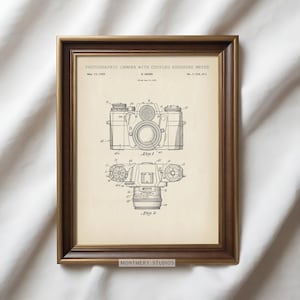 Set of 12 vintage photography patent prints featuring classic camera designs, Polaroid patent art, tripod, flash, lens, and film cartridge illustrations. Perfect wall art for photographers, photography studios, camera collectors, or office decor. Ideal gift for photography lovers, film enthusiasts, or vintage blueprint print collectors. Great for gallery walls, creative spaces, and retro home decor themes.