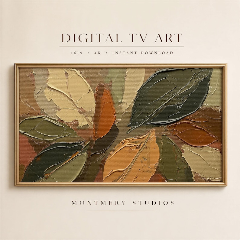 Abstract Fall Leaves TV Art featuring textured painting details in earthy brown and muted green tones. Perfect as seasonal autumn wall decor or Thanksgiving TV art, this boho autumn art creates a warm rustic ambiance for farmhouse living rooms or modern earthy interiors. A unique textured fall painting, ideal as fall frame TV art to bring cozy seasonal charm and natural beauty into your home during the autumn months.