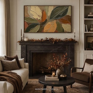 Abstract Fall Leaves TV Art featuring textured painting details in earthy brown and muted green tones. Perfect as seasonal autumn wall decor or Thanksgiving TV art, this boho autumn art creates a warm rustic ambiance for farmhouse living rooms or modern earthy interiors. A unique textured fall painting, ideal as fall frame TV art to bring cozy seasonal charm and natural beauty into your home during the autumn months.