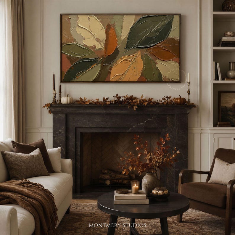 Abstract Fall Leaves TV Art featuring textured painting details in earthy brown and muted green tones. Perfect as seasonal autumn wall decor or Thanksgiving TV art, this boho autumn art creates a warm rustic ambiance for farmhouse living rooms or modern earthy interiors. A unique textured fall painting, ideal as fall frame TV art to bring cozy seasonal charm and natural beauty into your home during the autumn months.