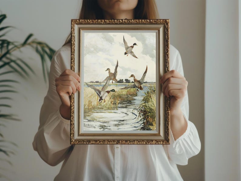 Set of 2 vintage duck prints, mallard and redhead ducks in a classic painting style, rustic farmhouse wall decor, wildlife artwork, nature prints, antique duck art, prints for vintage gallery walls, country home style, gift for wildlife nature lovers