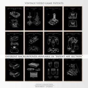 Set of 12 vintage video game blueprint prints featuring game controllers, handheld consoles, cartridges, and TV gaming systems. Ideal for gamer wall art, man cave gaming setups, retro gaming prints, and Father's Day gamer gifts. Blueprint-style decor perfect for classic game room decoration and nostalgic tech lovers.