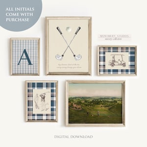 Vintage golf kinderkamer prints, golf kinderdagverblijf decor jongen, blauwe kinderkamer eerste afdruk, blauwe geruite kinderkamer muur decor, marineblauwe kinder muur kunst S074