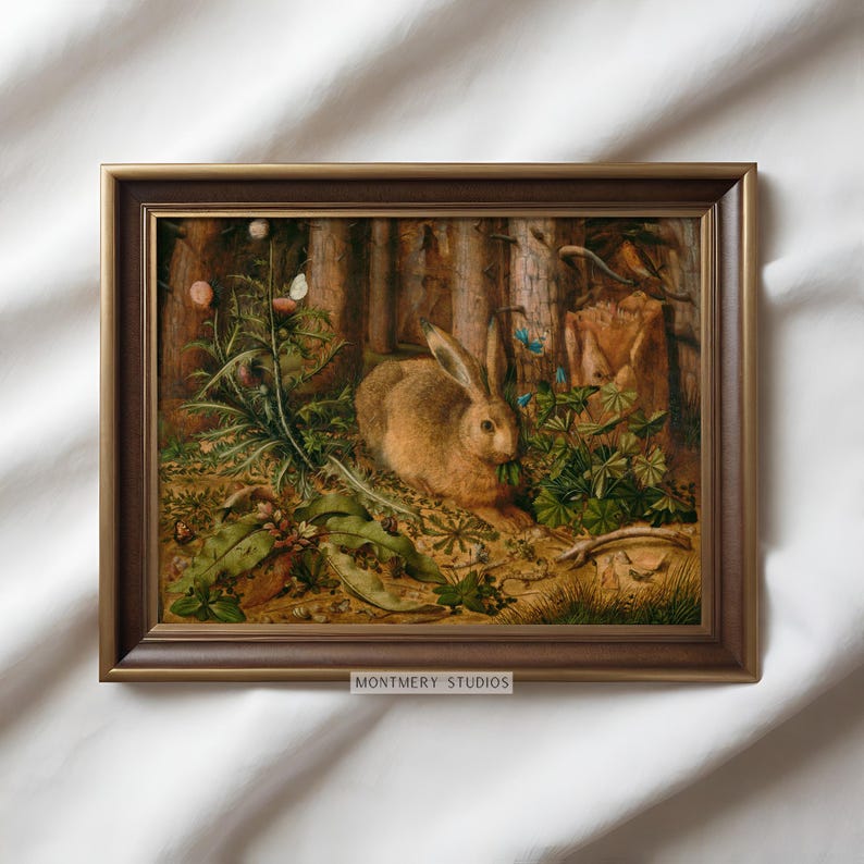 Vintage rabbit art print featuring a bunny in a forest scene, perfect for spring and Easter decor. Antique wildlife artwork with rustic nature charm, ideal for forest animal decor, nature-inspired wall art, and vintage bunny prints for home and cabin