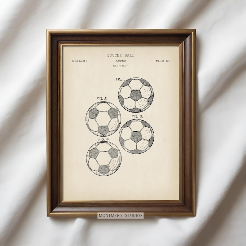 A set of 15 vintage-style soccer patent prints featuring classic soccer ball designs, footwear innovations, and training gear. Ideal wall art for kids' rooms, sports nurseries, man caves, or as a thoughtful gift for young players and coaches. This unique soccer collection blends nostalgic charm with sports history, making it a perfect decor choice for fans of all ages