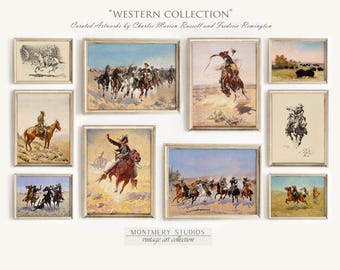 Puede incluir: Una colección de estampas de arte western vintage enmarcadas que representan vaqueros, caballos y paisajes. Las estampas son de Charles Marion Russell y Frederic Remington. El texto "WESTERN COLLECTION" y "MONTMERY STUDIOS vintage art collection" es visible.