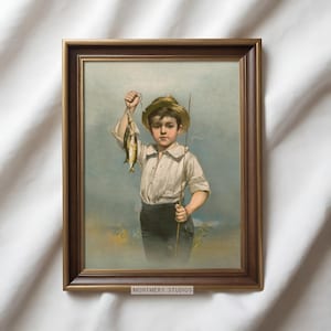 May include: A framed vintage illustration of a young boy holding a string of fish. He is wearing a straw hat and a white shirt with a dark collar. The background is a light blue sky with a hint of a landscape.