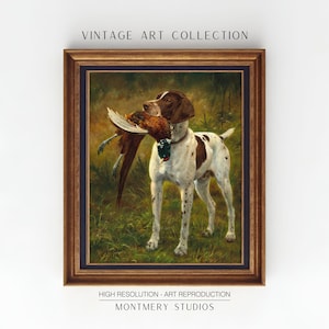 May include: A vintage painting of a brown and white hunting dog with a pheasant in its mouth. The dog is standing in a grassy field with trees in the background. The painting is framed in a gold frame.