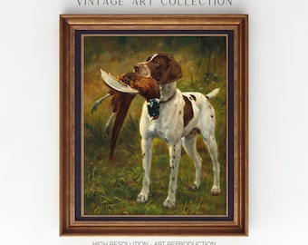 May include: A vintage painting of a brown and white hunting dog with a pheasant in its mouth. The dog is standing in a grassy field with trees in the background. The painting is framed in a gold frame.