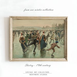 Vintage Skating Print, Winter Wall Art, Victorian Ice Skating Scene, Skaters on a Frozen Pond, Frozen Lake, Country Style Winter Art, W75