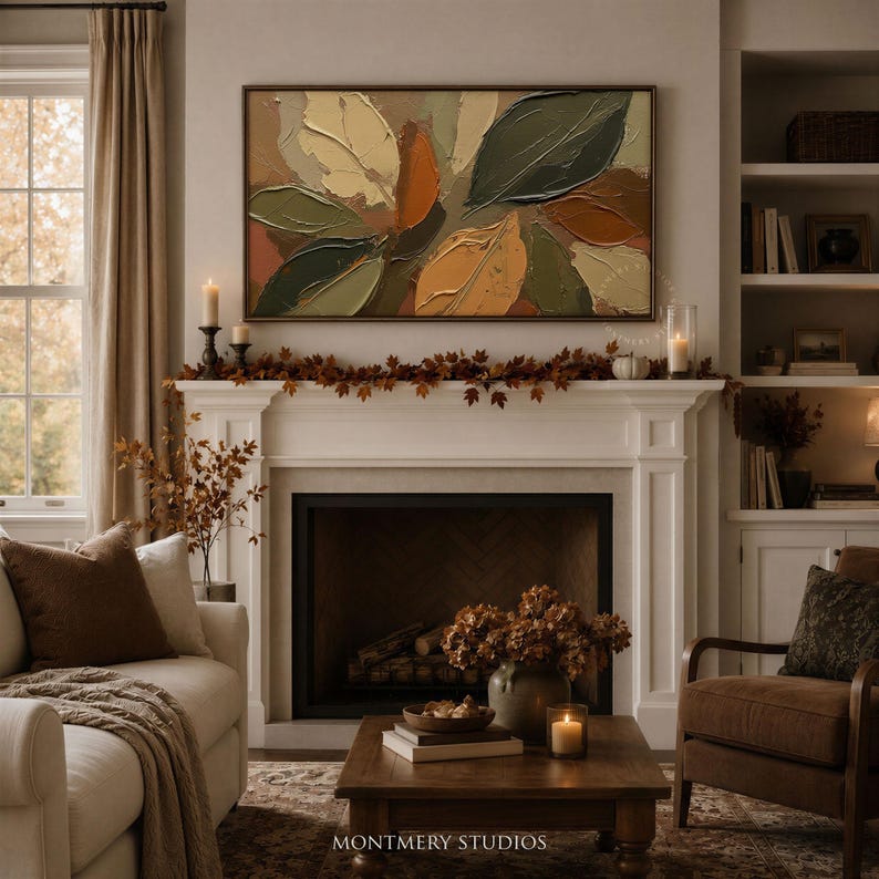 Abstract Fall Leaves TV Art featuring textured painting details in earthy brown and muted green tones. Perfect as seasonal autumn wall decor or Thanksgiving TV art, this boho autumn art creates a warm rustic ambiance for farmhouse living rooms or modern earthy interiors. A unique textured fall painting, ideal as fall frame TV art to bring cozy seasonal charm and natural beauty into your home during the autumn months.