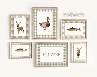 Personalized Hunting Nursery Wall Art Set of 6, Custom Name Printable, Sage Green Nursery Decor, Mallard Duck, Deer, Elk, Bass, Salmon Print